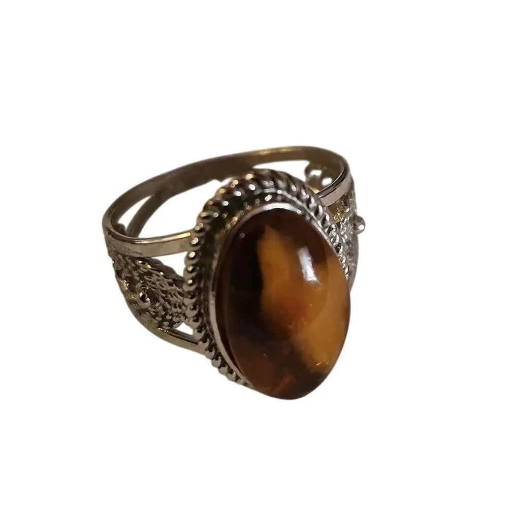 Authentic vintage Lithuanian amber ring size 9 Silvertone Setting